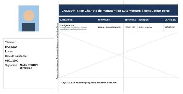 Carte CACES® délivrée par CACES Manager