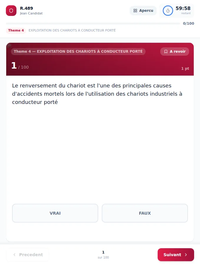 Questionnaire théorique sur tablette : question 1 sur 100, réponse VRAI ou FAUX, temps restant