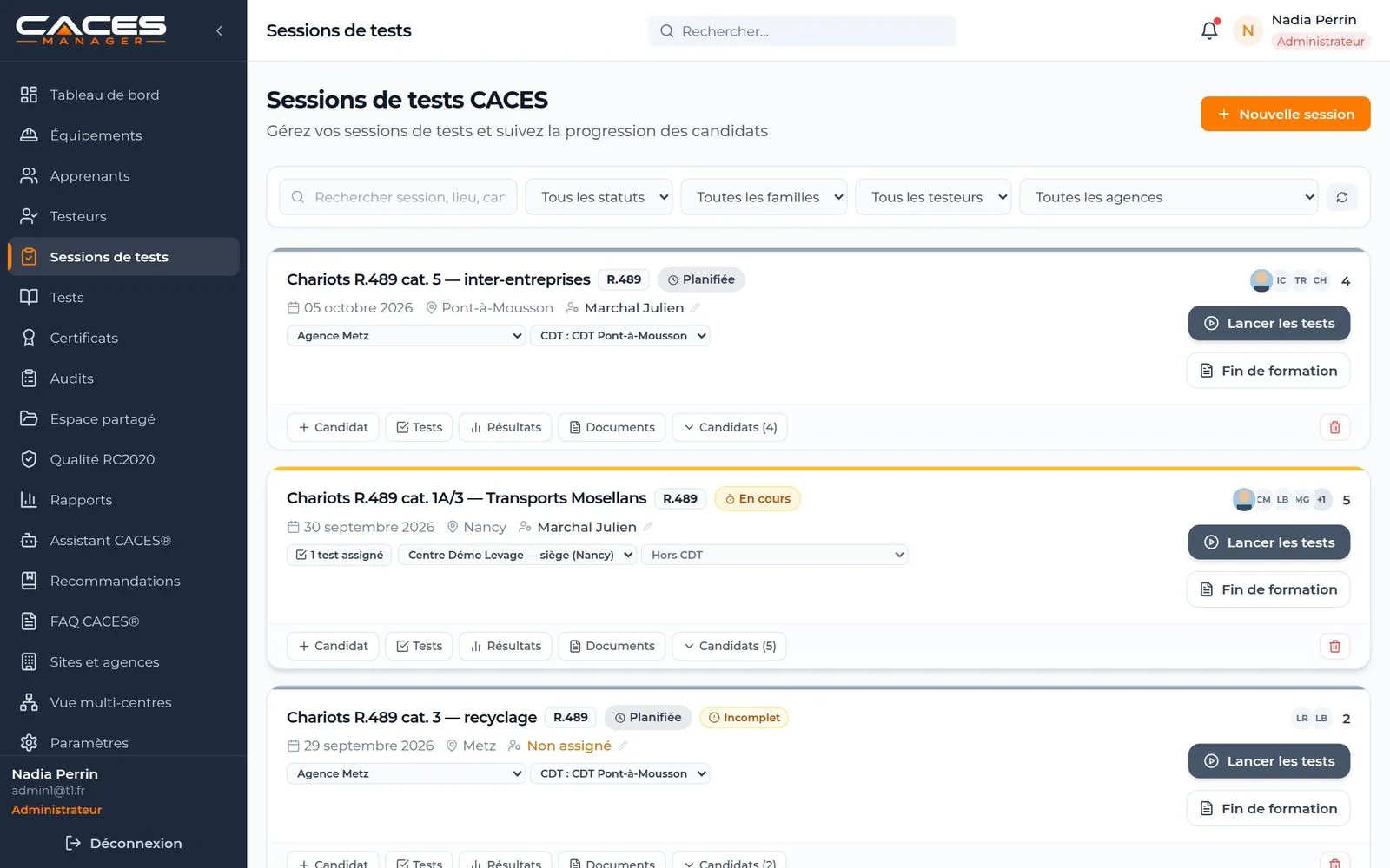Écran « Sessions de tests » de CACES Manager : sessions planifiées et en cours, testeur, agence et centre de tests