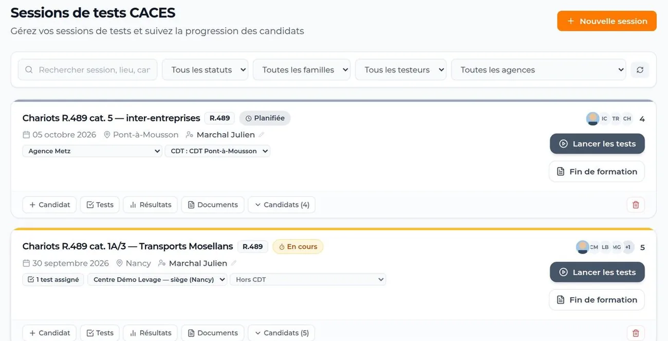 Liste des sessions de tests : statut, date, lieu, testeur, agence, centre de tests et candidats