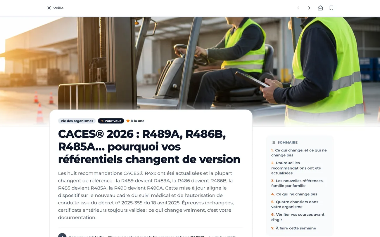 Lecture d’un article de veille en pleine page, avec illustration et sommaire